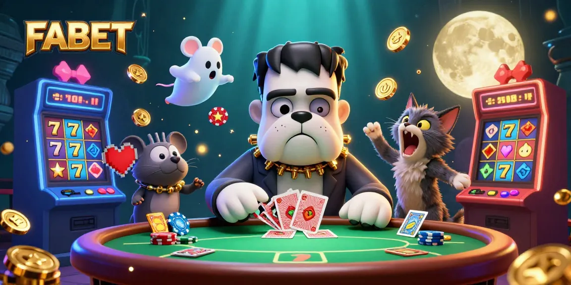 Engage with FABET's thrilling poker scene featuring a lively Frankenstein bulldog and ghost mouse.