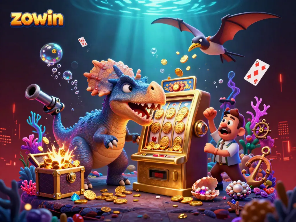 Zowin's engaging slot machine adventure with animated characters, featuring a dinosaur headbutting and a casino manager.