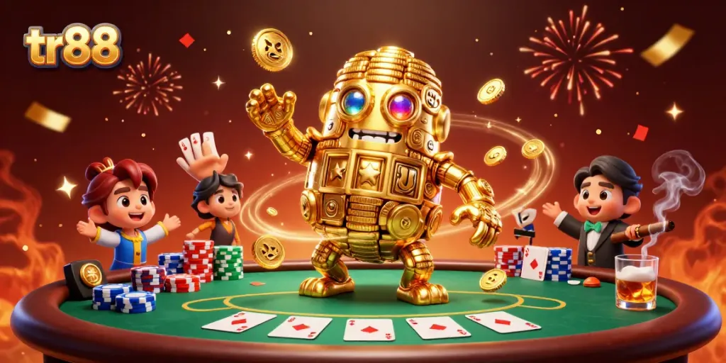 Experience the excitement of TR88 as golden golems and poker tables come alive in a vibrant casino scene.