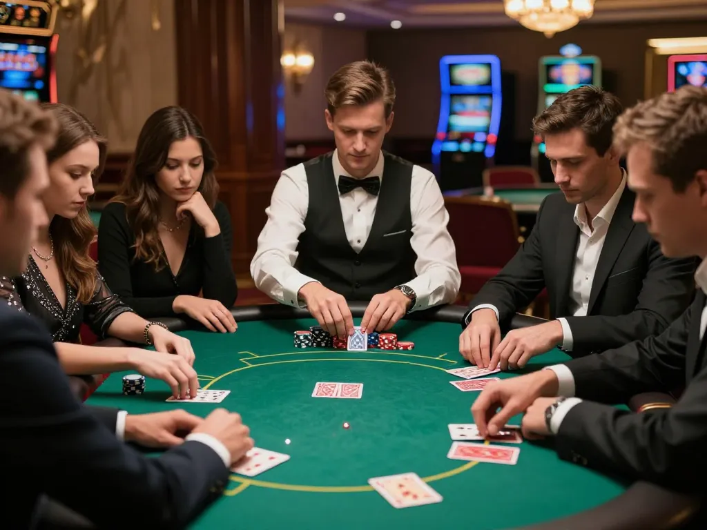Players engaging in a keenly competitive poker game at a high-end casino, showcasing keonhacaii strategies and intense focus.