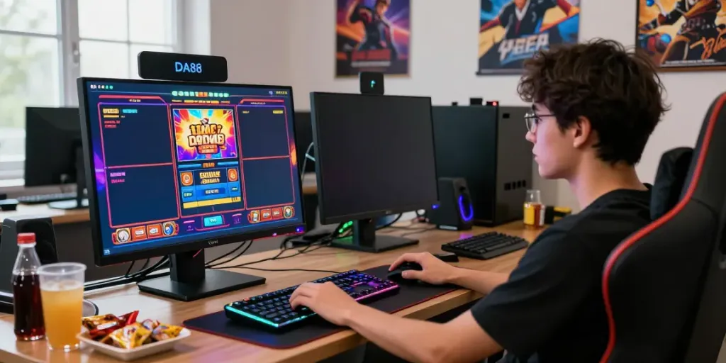 Player immersed in the DA88 gaming platform, demonstrating thrilling slot games and modern gaming setup.