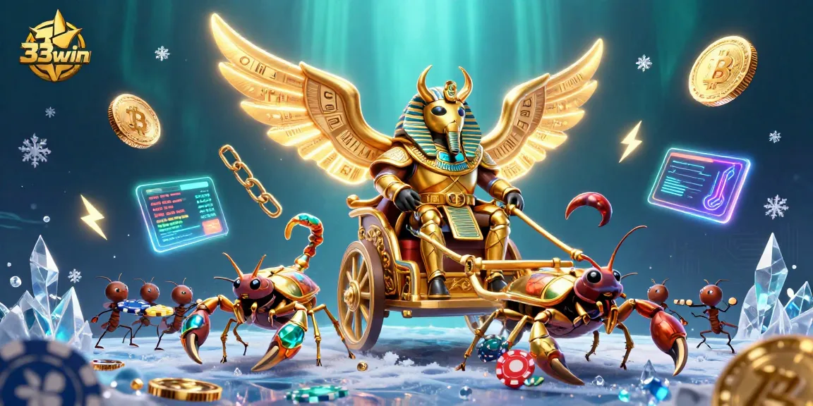 Engage with 33win's thrilling gaming adventure featuring golden scarab beetle and scorpions amidst crypto elements.