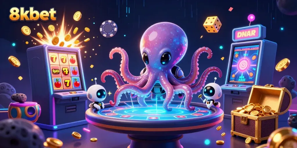 Experience thrilling games as 8xbet's alien octopus controls a poker table, showcasing exciting casino elements.