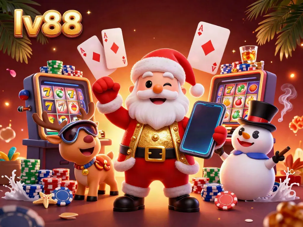 Experience excitement at lv88 with playful characters surrounded by colorful slot machines and vibrant casino elements.