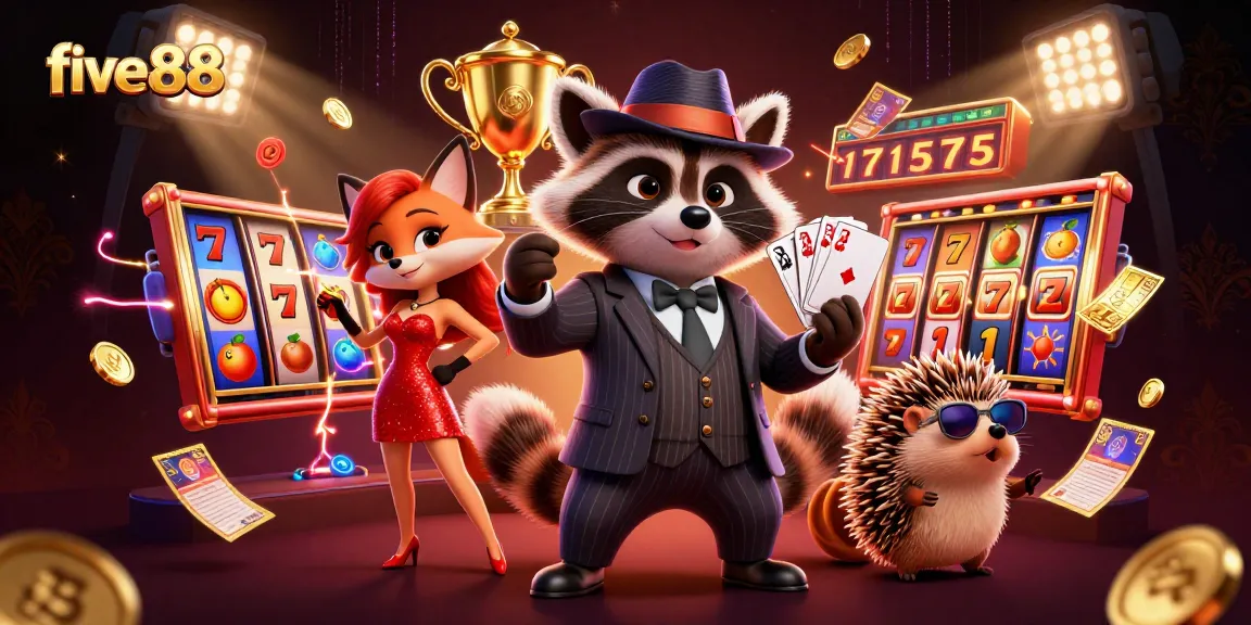 Engage in lively gameplay at five88 with a raccoon and friends surrounded by dynamic gaming symbols and a vibrant atmosphere.