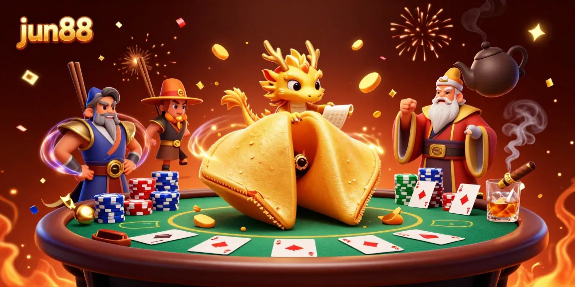 Win big at jun88 with a dramatic poker scene featuring fortune cookie characters and lavish casino elements.
