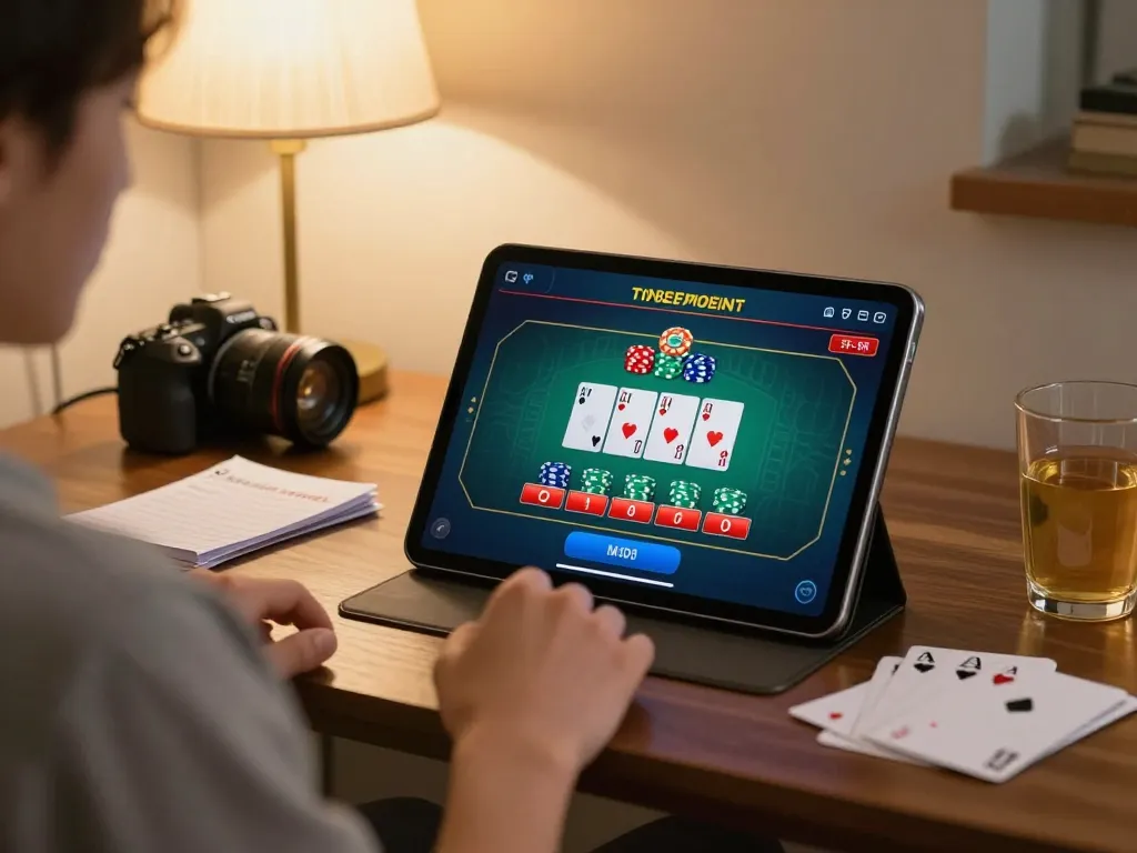 Engaging in strategic gameplay at Jun88 VN with a blackjack game interface on a tablet, relaxed home environment fostering responsible gaming.