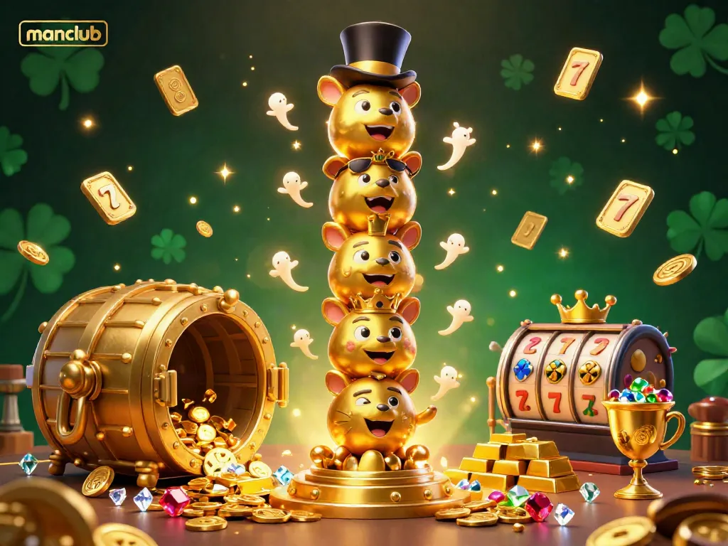 Join the excitement at manclub, featuring a golden totem pole surrounded by dazzling casino treasures.