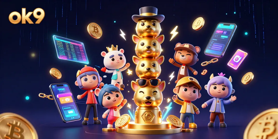 Play games at ok9 with animated totem and glowing crypto coins in an exciting casino scene.