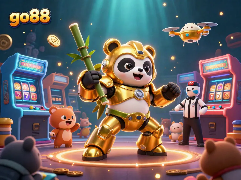 Experience exciting gameplay at go88 with a golden panda mech battling amidst vibrant slot machines and cheering spectators.