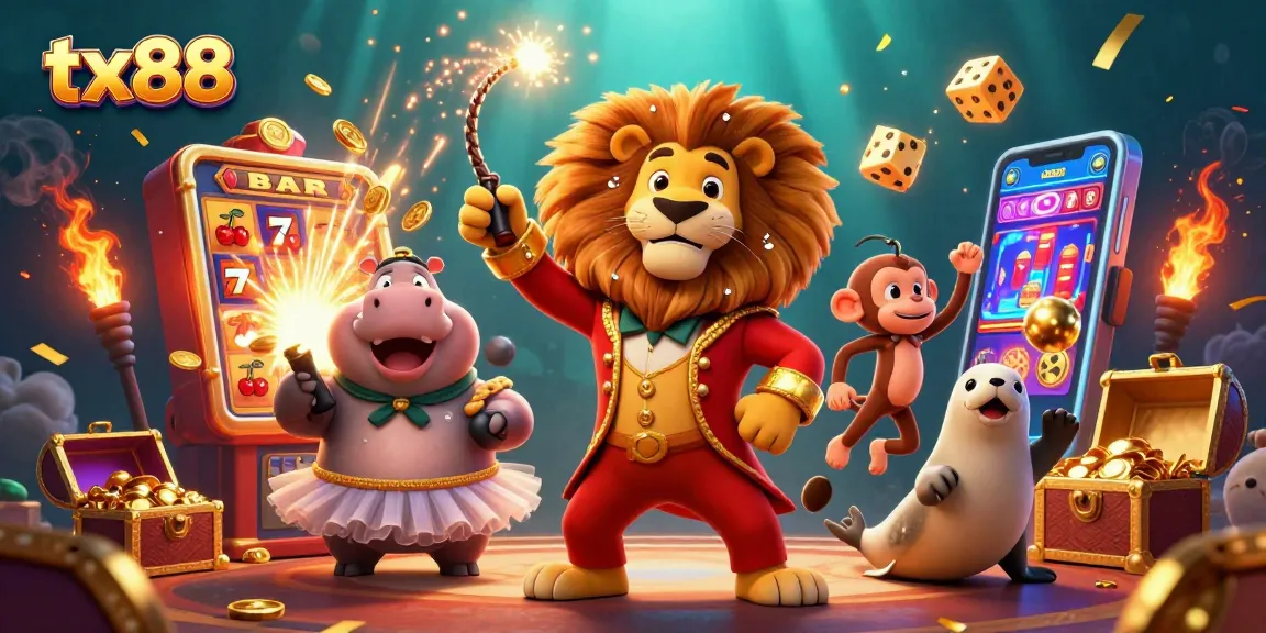 Experience thrilling wins at tx88 with colorful 3D circus characters, jackpot symbols, and vibrant gaming action.
