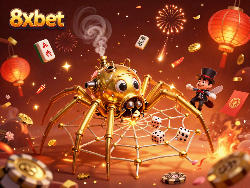 8xbet immerses you in a vibrant casino scene with a golden spider and poker elements.
