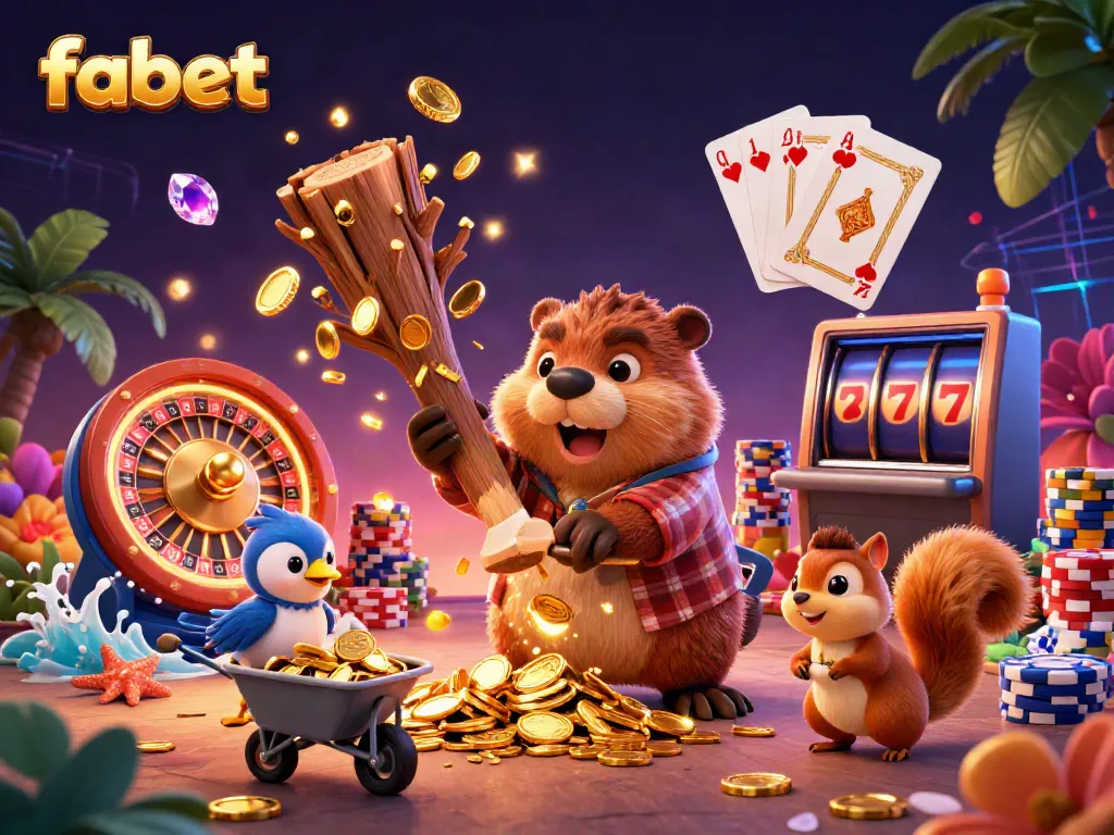 Spin and win with fabet as the cartoon beaver chops a gold-coin tree in a vibrant casino scene.