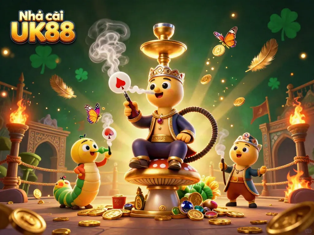 Engage with Nhà cái UK88 in a vibrant casino scene featuring a whimsical caterpillar master.