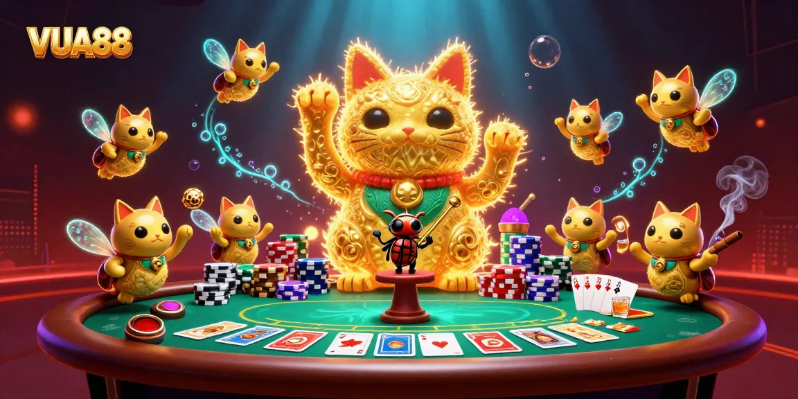 Experience the excitement of VUA88 with a dazzling display of casino elements in a vibrant scene.