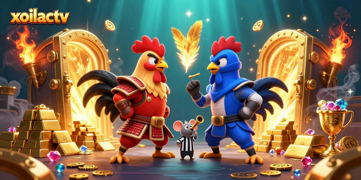 Watch the captivating showdown of roosters in samurai and ninja gear on xoilactv amidst the gold treasures.