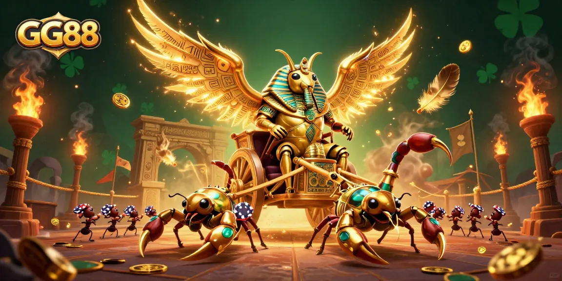 Engage with GG88's dynamic gaming scene featuring a golden scarab beetle and energetic characters.