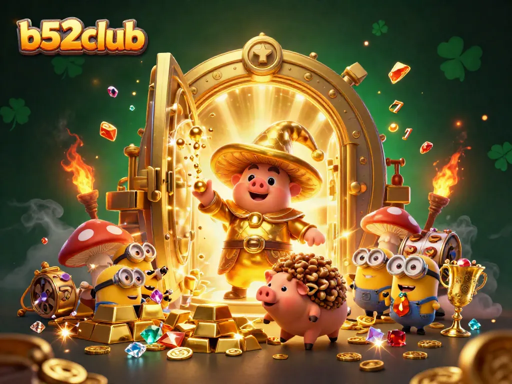 Spin the reels at b52club featuring golden treasures and magic-rich characters in vibrant illustration.