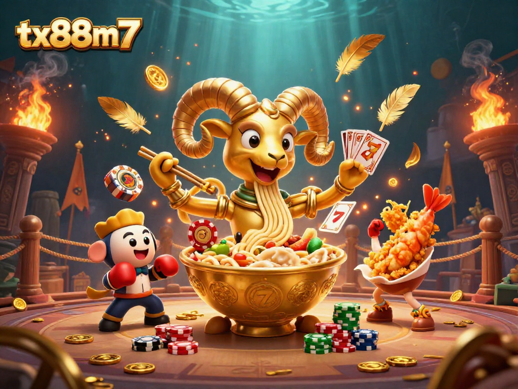 Engage in gaming action with the tx88m7 giant ramen bowl and vibrant characters in a dynamic casino scene.