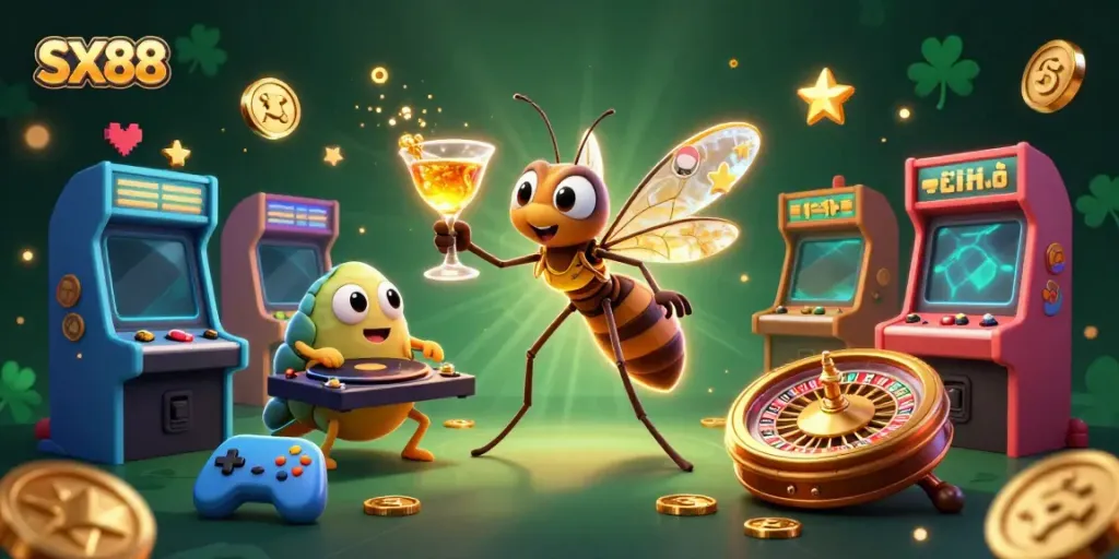 SX88 casino mascot illustration showcasing a dynamic scene with an amber mosquito and more casino themes.