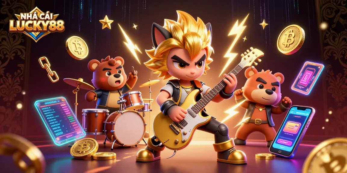Engage with NHÀ CÁI LUCKY88 in a thrilling online casino scene featuring rock star characters and vibrant gaming elements.