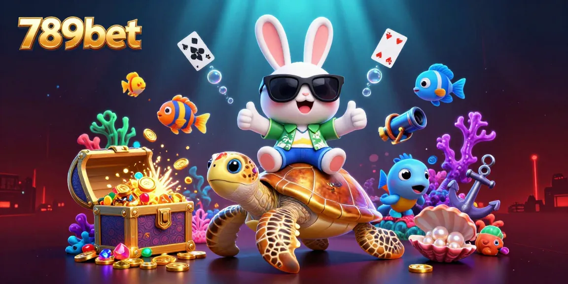 Cược chiến thắng với 789bet qua hình ảnh hài hước của thỏ may mắn và rùa vàng trong biển cả.