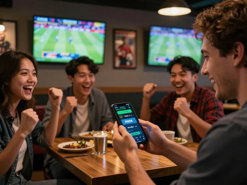 Person excitedly placing a bet on RR88 while watching sports on a smartphone in a lively bar setting.
