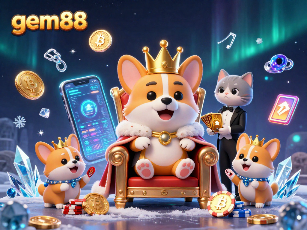 Engage in enriching gameplay with gem88's vibrant royal corgi scene, showcasing crypto elements.