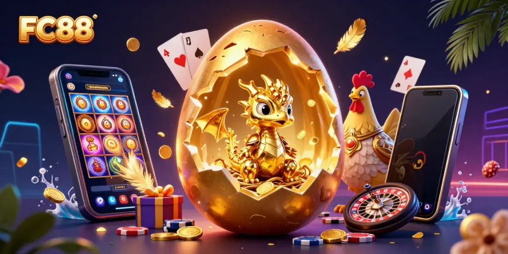 Experience FC88's thrilling atmosphere with a 3D golden dragon and poker chips illustration vividly capturing casino excitement.