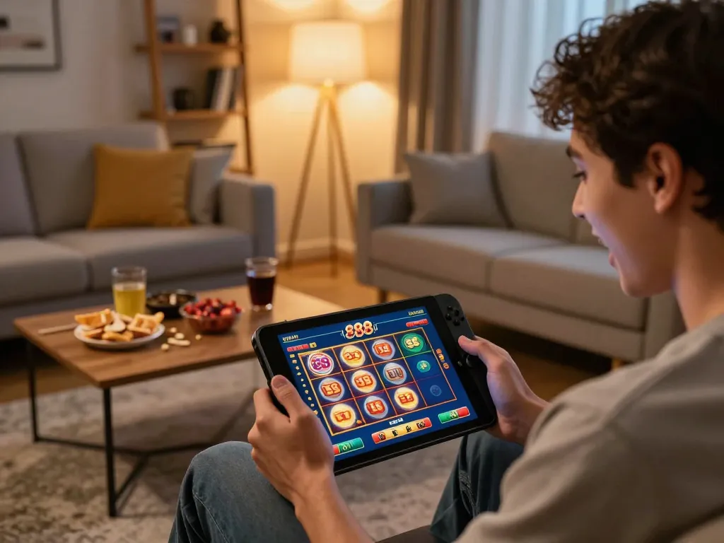Menarik gameplay scene slot88 resmi apk di tablet dalam pengaturan permainan rumah yang nyaman dengan camilan.