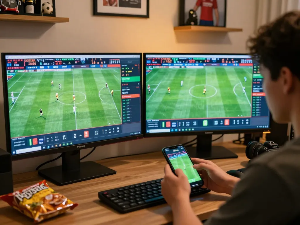 Placing real-time kèo nhà cái bets during live soccer matches in a modern home office environment.