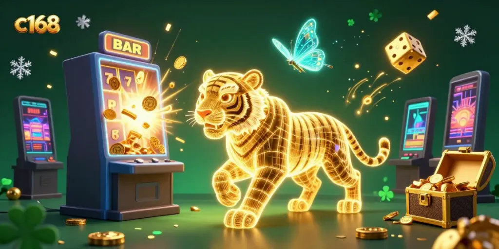 Engage with c168's vibrant digital casino landscape featuring a golden tiger and jackpot delights.