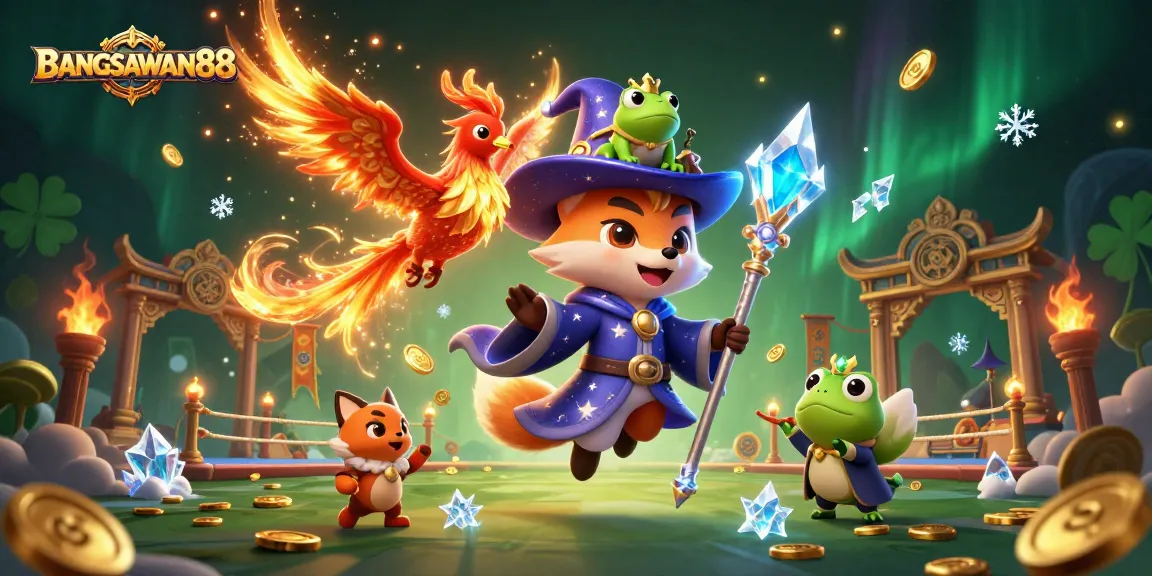 BANGSAWAN88 showcases a vibrant 3D casino scene with magical characters, gold coins, and gaming elements.