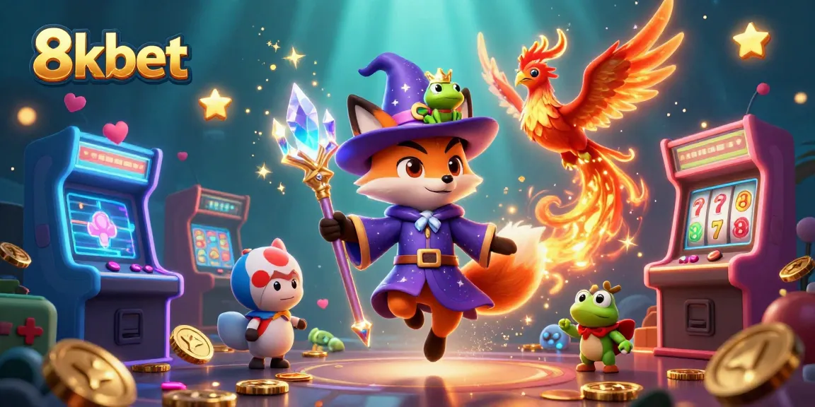 Play exciting games at 8kbet with a magical scene featuring wizards and casino slots.