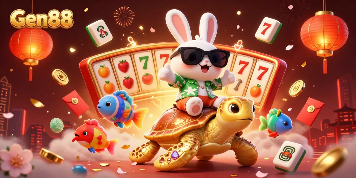 Experience the thrill of Gen88 with lucky rabbit and sea turtle in a vibrant casino scene full of bonuses.