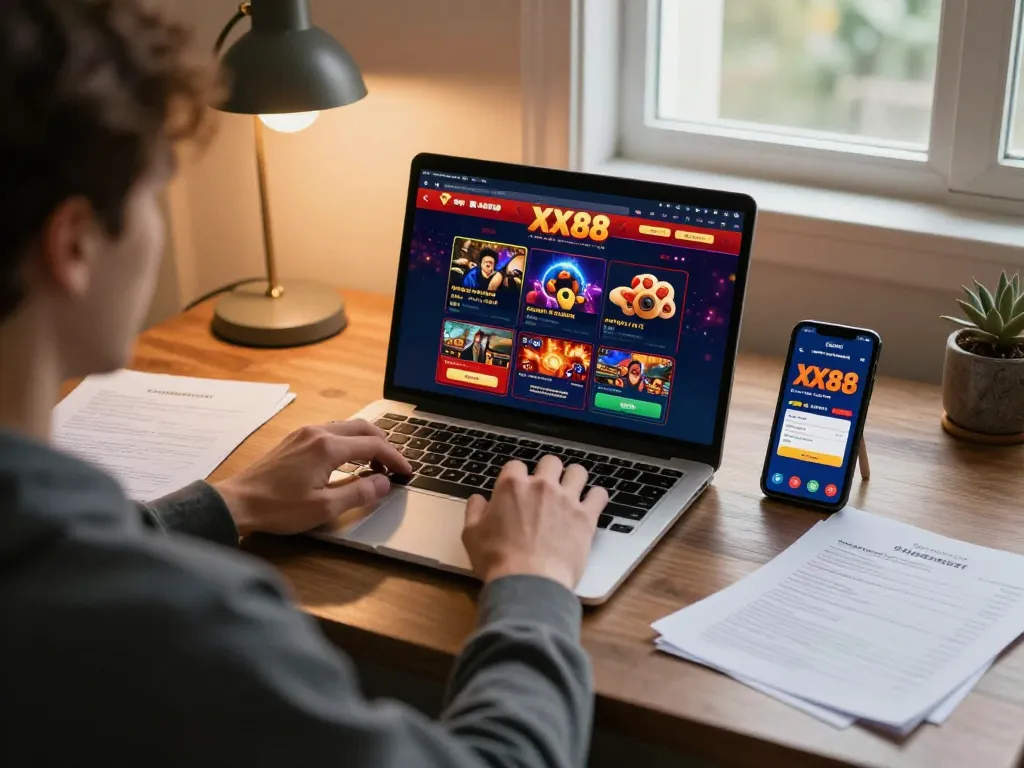Engaged player using XX88 interface on laptop during responsible online gambling session.