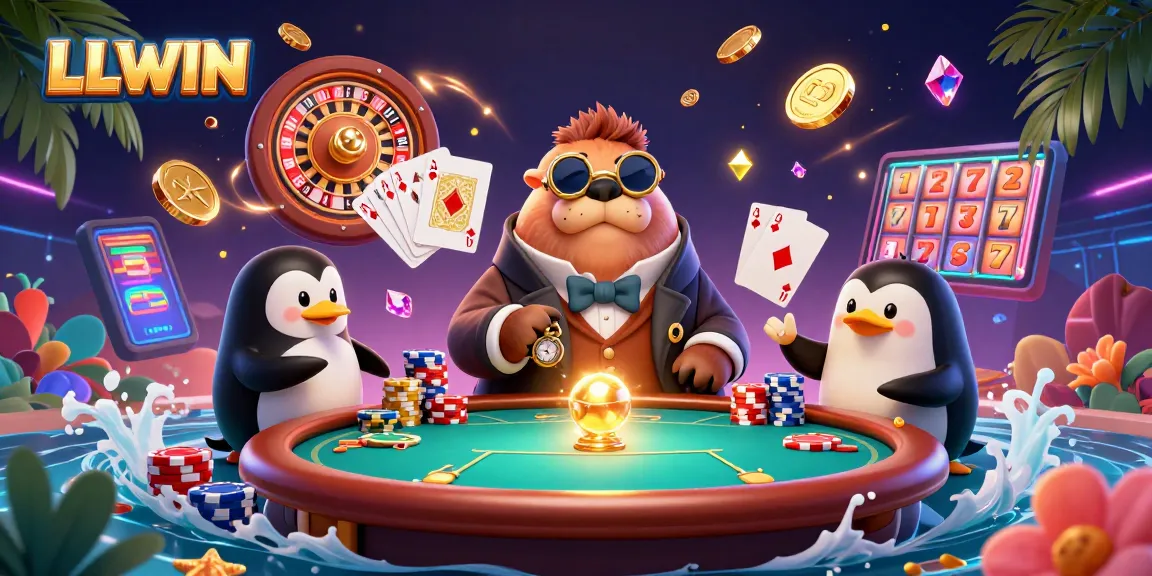 Experience LLWIN's thrilling poker scene with vibrant characters, casino elements, and action.