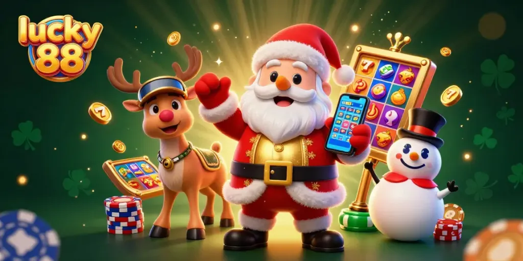 Experience the thrill of lucky 88 slots with Santa and friends in a vibrant casino scene.