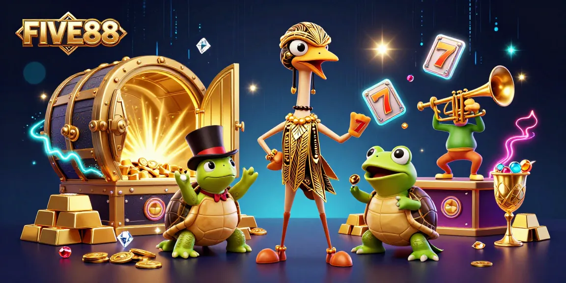 Experience the excitement of FIVE88 with vibrant casino-themed characters and dazzling game elements.