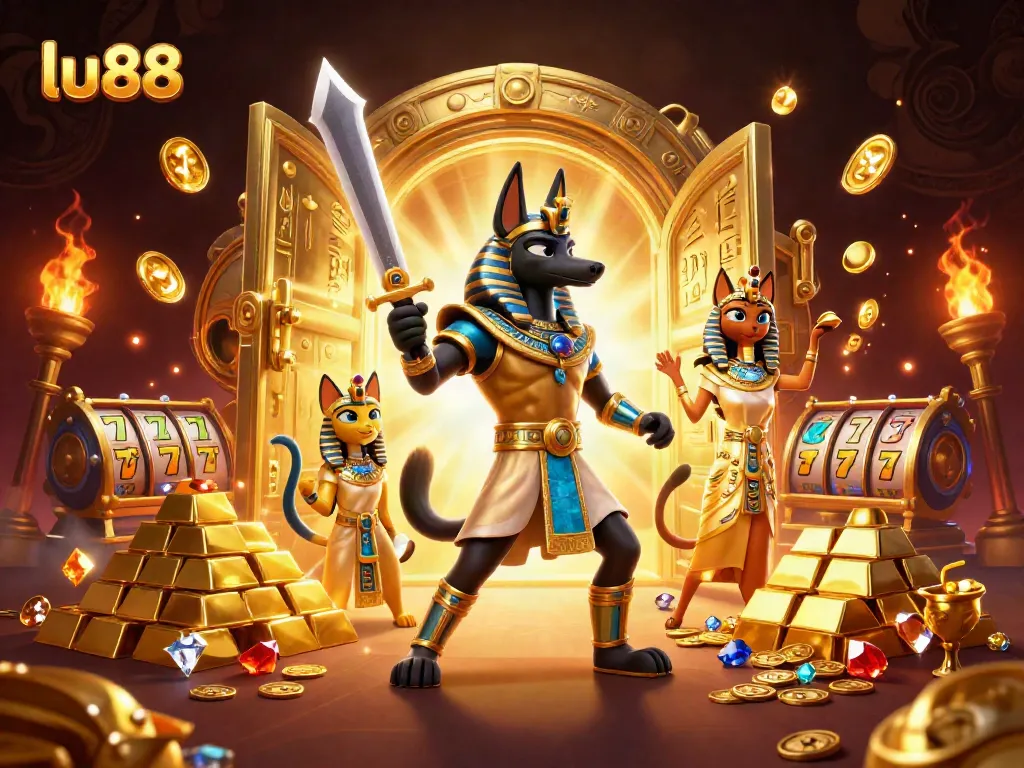 Spin the reels at lu 88 with Anubis and gems in a vibrant casino illustration.