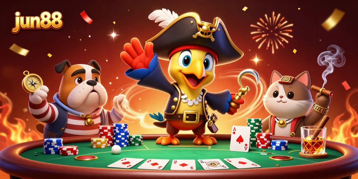 Experience winning strategies with jun88 in this vibrant poker-themed illustration with dynamic characters.
