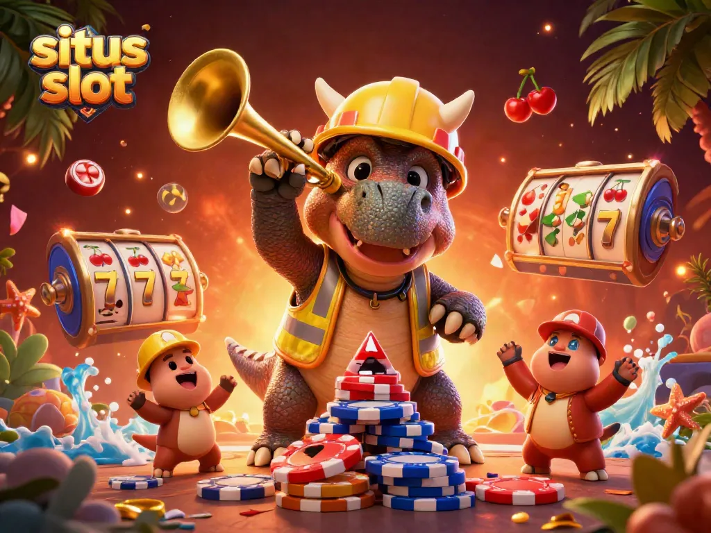 Merayakan kemenangan di situs slot dengan karakter kartun di kasino penuh warna.