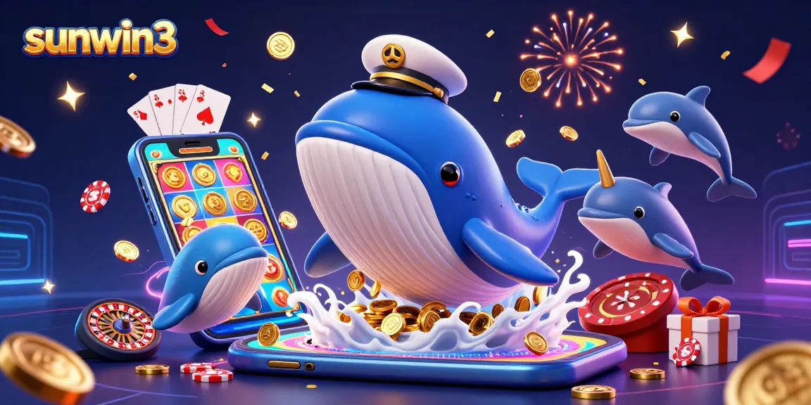 Experience the excitement of sunwin3 with a cartoon whale and dolphins amidst coins and casino games.