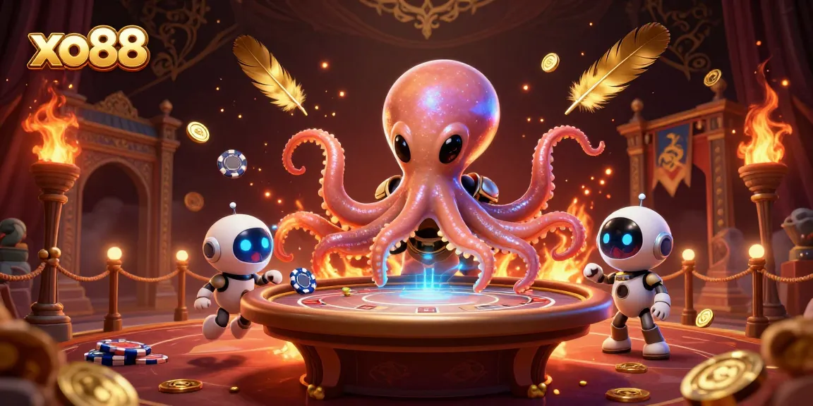 Experience the excitement of gambling at xo88 with a 3D cartoon alien octopus at a poker table.