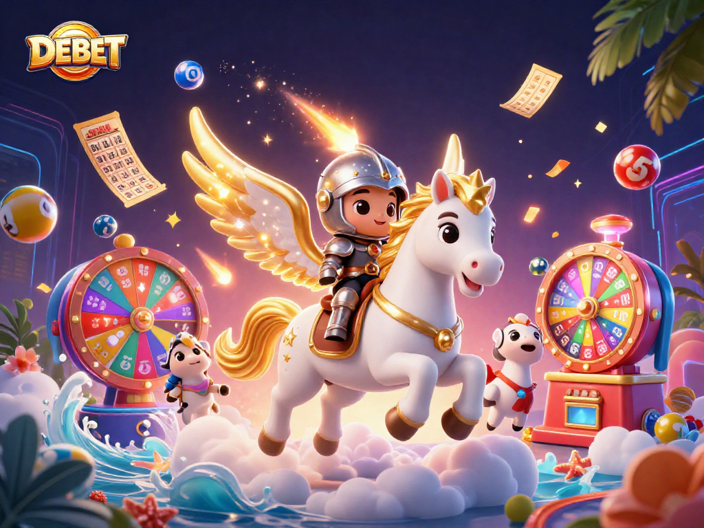 Engage with DEBET in immersive gameplay with a 3D illustration of a knight on a celestial horse.