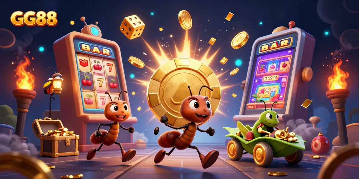 Engage with GG88: 3D ants celebrating a jackpot heist in a vibrant casino environment.