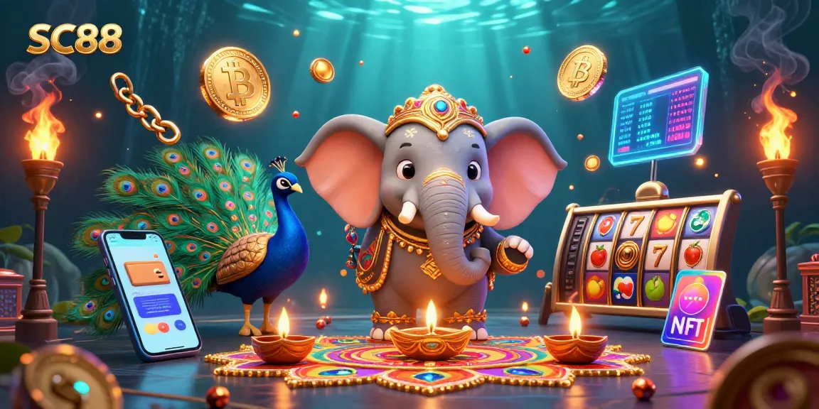 Experience the vibrant SC88 casino world with a Diwali-themed elephant and crypto elements.