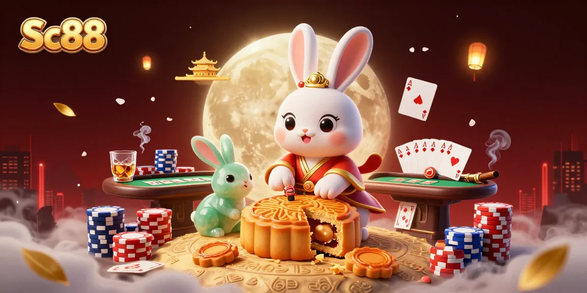 Experience Sc88's vibrant casino action with a moon rabbit pounding mooncakes revealing poker chips.