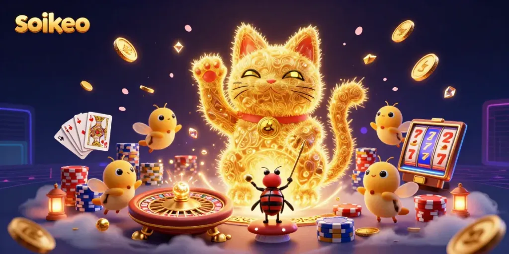 Engage in strategic soikeo gaming with a dynamic illustration of a lucky cat and vibrant casino elements.
