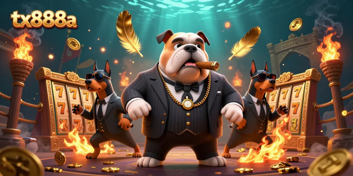 Experience excitement at tx888a with a mafia boss bulldog and gaming elements in a lavish casino scene
